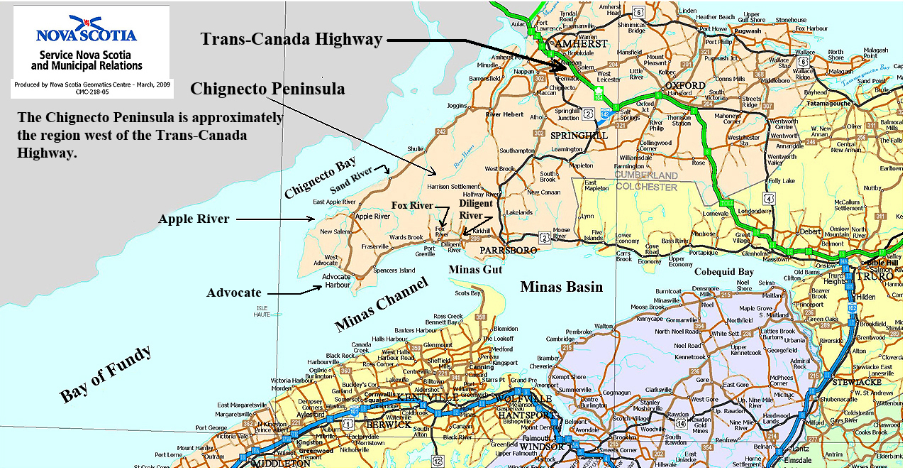 A cropped map of Nova Scotia showing the Chignecto Peninsula.